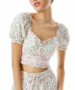 Hot Sale 🌟 alice + olivia Rianna Puff Sleeve Smocked Crop Top for 👩 women 😍