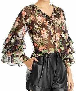 Flash Sale ❤️ Alice + Olivia Kallie 👩 Womens Ruffled Sheer Blouse 🎉