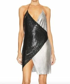 Wholesale ✔️ Alice + Olivia Ally Chainmail Wrap Mini 👗 Dress in Black/Silver for 👩 women ⌛