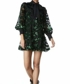 Hot Sale ✔️ Alice + Olivia Rowen Bow Neck Blouson Sleeve 👗 Dress in Black/Emerald for 👩 women 😀