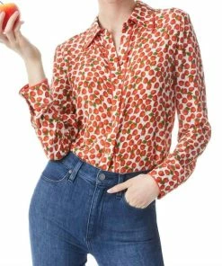 Best Sale 😉 Alice + Olivia Placket Top in Strawberry for 👩 women 👏