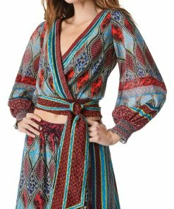 Cheap ❤️ Alice + Olivia Simona 👩 Womens Cropped Billowy Sleeves Wrap Top 🧨