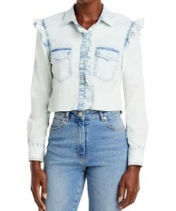 Best Pirce 🔔 Alice + Olivia Hannah 👩 Womens Ruffled Denim Button-Down Top ✨