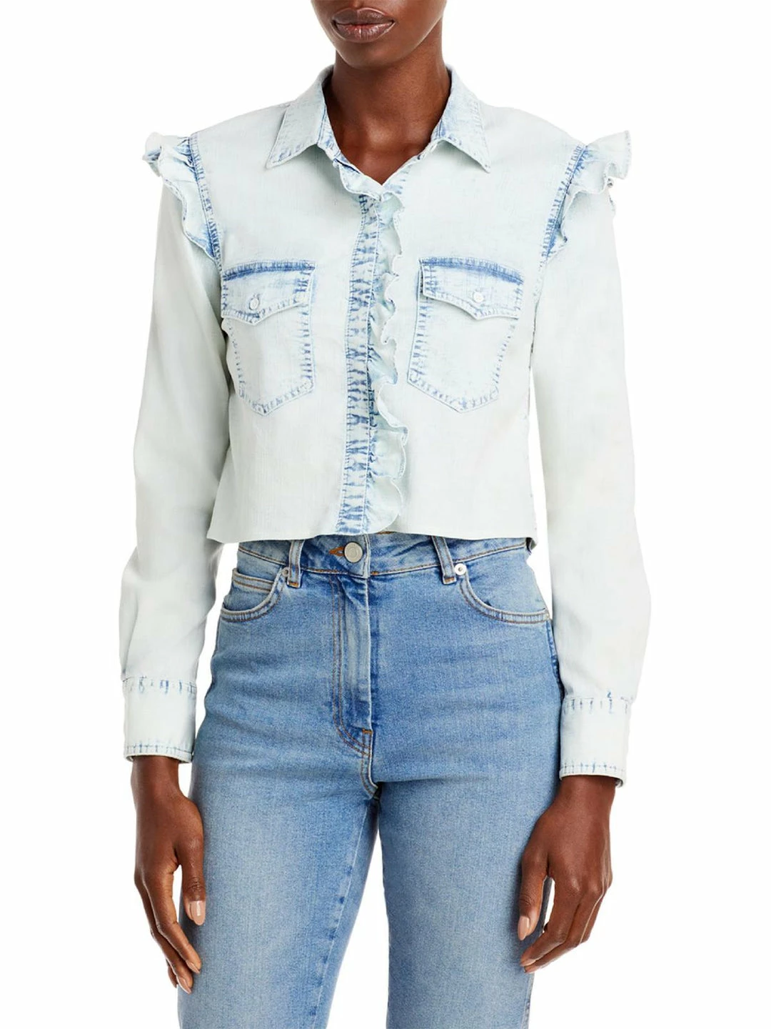 Best Pirce 🔔 Alice + Olivia Hannah 👩 Womens Ruffled Denim Button-Down Top ✨ 3 Best Pirce 🔔 Alice + Olivia Hannah 👩 Womens Ruffled Denim Button-Down Top ✨